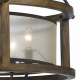 Benzara 5 Bulb Round Chandelier with Wooden Frame and Organza Striped Shade, Brown BM223597 Brown Solid Wood, Metal and Fabric BM223597