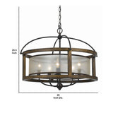 Benzara 5 Bulb Round Chandelier with Wooden Frame and Organza Striped Shade, Brown BM223597 Brown Solid Wood, Metal and Fabric BM223597