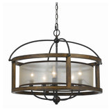 Benzara 5 Bulb Round Chandelier with Wooden Frame and Organza Striped Shade, Brown BM223597 Brown Solid Wood, Metal and Fabric BM223597