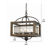 Benzara 4 Bulb Semi Flush Pendant with Wooden Frame and Organza Striped Shade,Brown BM223620 Brown Solid Wood, Metal and Fabric BM223620