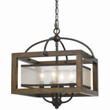 Benzara 4 Bulb Semi Flush Pendant with Wooden Frame and Organza Striped Shade,Brown BM223620 Brown Solid Wood, Metal and Fabric BM223620