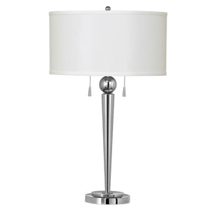 Benzara Dual Bulb Metal Body Table Lamp with Fabric Drum Shade, Silver and White BM223623 Silver and White Metal and Fabric BM223623