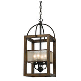 4 Bulb Chandelier with Wooden Frame and Organza Striped Shade, Brown