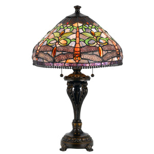 Benzara Tiffany Table Lamp with Metal Body and Dragonfly Design Shade, Multicolor BM223629 Multicolor Metal and Glass BM223629