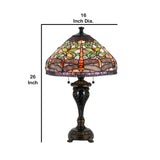 Benzara Tiffany Table Lamp with Metal Body and Dragonfly Design Shade, Multicolor BM223629 Multicolor Metal and Glass BM223629