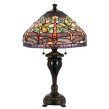 Tiffany Table Lamp with Metal Body and Dragonfly Design Shade, Multicolor
