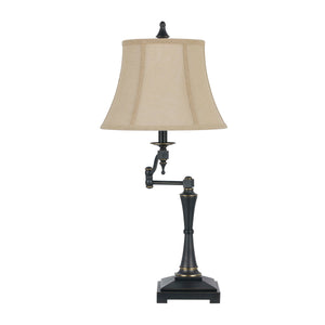 Benzara Metal Body Table Lamp with Fabric Tapered Bell Shade, Black and Beige BM223632 Black and Beige Metal and Fabric BM223632