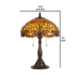 Benzara 2 Bulb Tiffany Table Lamp with Dragonfly Design Shade, Multicolor BM223636 Multicolor Metal and Glass BM223636