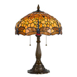 Benzara 2 Bulb Tiffany Table Lamp with Dragonfly Design Shade, Multicolor BM223636 Multicolor Metal and Glass BM223636