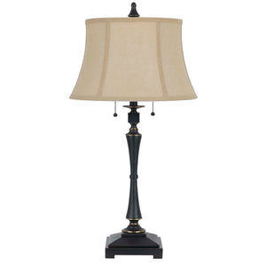 Benzara Metal Body Table Lamp with Fabric Tapered Bell Shade, Beige and Black BM223689 Black and Beige Metal and Fabric BM223689