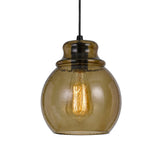 Benzara Round Glass Shade Pendant Lighting with Canopy and Hardwired Switch, Brown BM224633 Brown Metal, Glass BM224633