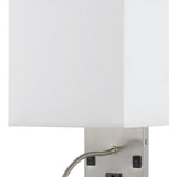 Benzara Metal Wall Lamp with Rectangular Shade and Gooseneck Reading Light, Silver BM224635 Silver Fabric, Metal BM224635