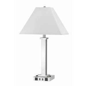 Benzara 60 X 2 Watt Metal Night Stand Lamp with Tapered Shade, White and Silver BM224654 White and Silver Metal and Fabric BM224654