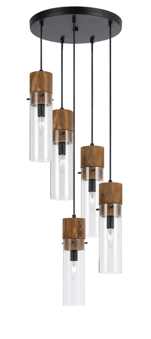 Benzara 5 Bulb Wind Chime Design Pendant with Cylindrical Glass Shades, Black BM224658 Black Metal, Glass BM224658