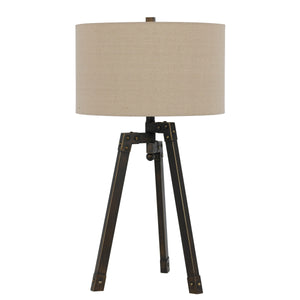 Benzara Metal Tripod Base Table Lamp with Fabric Drum Shade, Bronze and Beige BM224680 Bronze and Beige Metal and Fabric BM224680