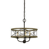 Benzara 3 Bulb Hanging Pendant Fixture with Wooden and Metal Frame, Brown and Black BM224681 Brown and Black Solid Wood and Metal BM224681