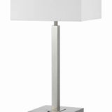 Benzara Rectangular Metal Table Lamp with Tubular Base and 2 Power Outlet, White BM224691 White Metal and Fabric BM224691