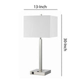 Benzara Rectangular Metal Table Lamp with Tubular Base and 2 Power Outlet, White BM224691 White Metal and Fabric BM224691