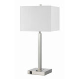 Benzara Rectangular Metal Table Lamp with Tubular Base and 2 Power Outlet, White BM224691 White Metal and Fabric BM224691