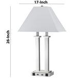 Benzara 60W x 2 Desk Lamp with Trapezoid Shade and Power Strip, Silver and White BM224694 Silver, White Metal, Fabric BM224694