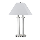 Benzara 60W x 2 Desk Lamp with Trapezoid Shade and Power Strip, Silver and White BM224694 Silver, White Metal, Fabric BM224694