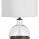 Benzara 3 Way Table Lamp with Glass Round Base and Antique Brass Accent, White BM224696 White Metal, Glass and Fabric BM224696