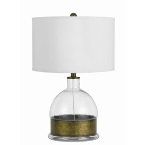 Benzara 3 Way Table Lamp with Glass Round Base and Antique Brass Accent, White BM224696 White Metal, Glass and Fabric BM224696