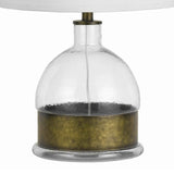 Benzara 3 Way Table Lamp with Glass Round Base and Antique Brass Accent, White BM224696 White Metal, Glass and Fabric BM224696