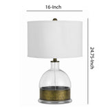 Benzara 3 Way Table Lamp with Glass Round Base and Antique Brass Accent, White BM224696 White Metal, Glass and Fabric BM224696