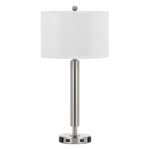 Benzara 100 Watt Metal Frame Night Stand Lamp with Fabric Shade, White and Silver BM224703 Silver and White Metal and Fabric BM224703