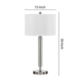 Benzara 100 Watt Metal Frame Night Stand Lamp with Fabric Shade, White and Silver BM224703 Silver and White Metal and Fabric BM224703