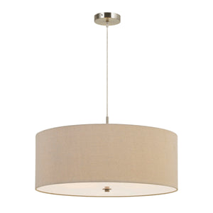 Benzara 60W x 3 Drum Shade Pendant Fixture, Beige and Silver BM224706 Beige, silver Metal, Fabric BM224706