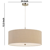 Benzara 60W x 3 Drum Shade Pendant Fixture, Beige and Silver BM224706 Beige, silver Metal, Fabric BM224706