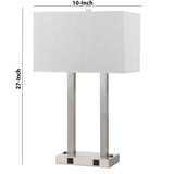 Benzara 60W x 2 Desk Lamp with Rectangular Shade and Power Strip, Silver and White BM224709 Silver, White Metal, Fabric BM224709