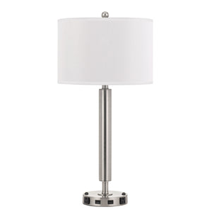 Benzara 60 X 2 Watt Metal Frame Night Stand Lamp with Fabric Shade, White and Silver BM224711 Silver and White Metal and Fabric BM224711