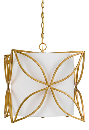 Benzara 60 X 3 Watt Metal Chandelier with Floral Cut Out, Gold and White BM224717 Gold and White Metal and Fabric BM224717