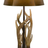 Benzara 150 Watt Leatherette Shade Table Lamp with Antler Polyresin Base, Brown BM224718 Brown Leatherette and Polyresin BM224718