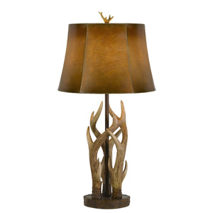 Benzara 150 Watt Leatherette Shade Table Lamp with Antler Polyresin Base, Brown BM224718 Brown Leatherette and Polyresin BM224718