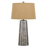 Glass Body Table Lamp with Tapered Burlap Shade, Gray and Beige