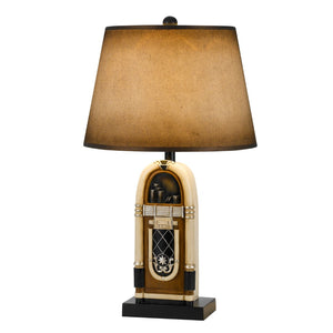 Benzara 150 W Jukebox Design Resin Table Lamp with Empire Shade, Brown BM224764 Brown Resin, Fabric BM224764