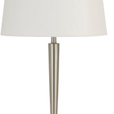 Benzara 150W Metal Table Lamp with Oval Shade and 2 USB Outlets, White and Silver BM224766 Silver, White Metal, Fabric BM224766