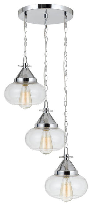 Benzara 3 Bulb Wind Chime Design Pendant with Round Glass Shade and Chain, Silver BM224772 Silver Metal, Glass BM224772