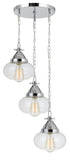 Benzara 3 Bulb Wind Chime Design Pendant with Round Glass Shade and Chain, Silver BM224772 Silver Metal, Glass BM224772