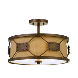 Benzara Metal Frame Drum Shade Pendant Fixture with Lattice Design, Rustic Bronze BM224781 Bronze Metal and Fabric BM224781