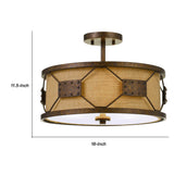 Benzara Metal Frame Drum Shade Pendant Fixture with Lattice Design, Rustic Bronze BM224781 Bronze Metal and Fabric BM224781