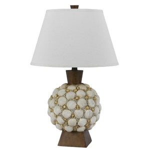 Benzara 150 Watt Seashell Embellished Polyresin Table Lamp, Off White and Brown BM224788 White and Brown Polyresin and Fabric BM224788