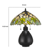 Benzara 2 Bulb Tiffany Table Lamp with Leaf Design Glass Shade, Multicolor BM224791 Multicolor Metal and Glass BM224791