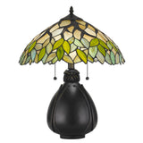 Benzara 2 Bulb Tiffany Table Lamp with Leaf Design Glass Shade, Multicolor BM224791 Multicolor Metal and Glass BM224791