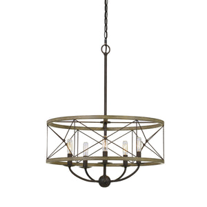 Benzara Round Wooden Frame Pendant Fixture with Metal Lattice Design, Dark Bronze BM224802 Bronze Metal, Solid wood BM224802