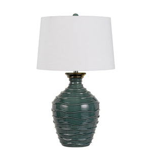 Benzara 150 Watt Ceramic Frame Table Lamp with Drum Shade, White and Green BM224804 White and Green Fabric and Ceramic BM224804